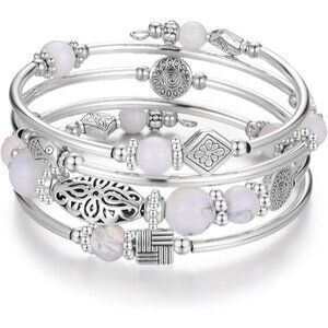 12-Howlite Layered Wrap Bangle Bead Bracelet w/ Agate Stone